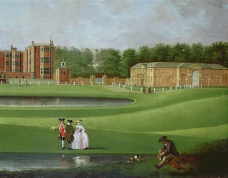 Utsikt over Temple Newsam House, detalj av stallblokken, ca. 1750 (olje på lerret) (se også 128852)
