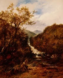 Fisker ved en skogkledd foss