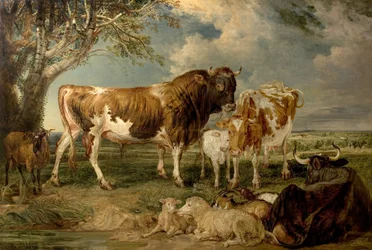 Okse, ku og kalv i et landskap, 1837