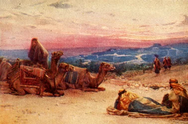 Reisende som hviler utenfor Palestine Village - Acts xx 5, c1924. Skapere: James Clark, Henry A Harper.