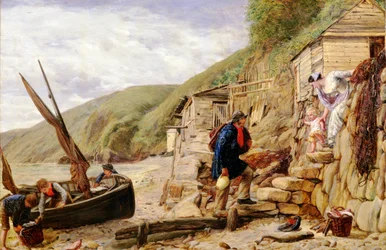Velkommen, vakre båt! Fiskerens hjemkomst, scene i Clovelly, North Devon, 1856