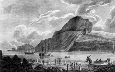 Kerguelen-øya, utsikt over Christmas Bay, tegning av William Hodges, gravering av William Watts, illustrasjon fra Voyage to South Pole, and Round World, av James Cook (1728-1779), utgave utgitt i Paris i 1778