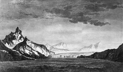 Landscape of Possession Bay på øya Sør-Georgia, illustrasjon fra Voyage to South Pole, and Round World, av James Cook (1728-1779), utgave utgitt i Paris i 1778