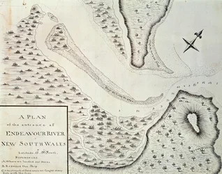 Kart over inngangen til Endeavour River, kart fra beretningen om den første turen ledet av James Cook (1728-1779) mellom 1768 og 1771, Australia