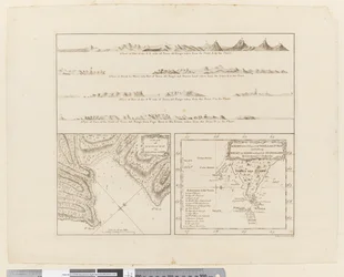ii. (a) Fire profiler av kysten av Terra del Fuego (b) En plan for Success Bay i Strait le Maire (c) Et kart over S.E. del av Terra del Fuego, gravert av T. Borven og J. Gibson