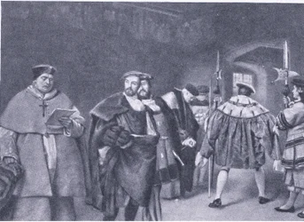 Avskjedigelse av kardinal Wolsey av kong Henry VIII, fra Cassells History of the British People utgitt av Waverley Book Company, ca. 1950-tallet