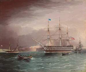 U.S.S. Pennsylvania under slep ved utbruddet av den amerikanske borgerkrigen med Fort Monroe i bakgrunnen