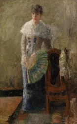 Dame med vifte (olje på lerret, montert på panel)