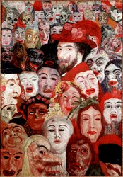 Selvportrett rundt masker Maleri av James Ensor (1860–1949) 1899 Mål 120 x 180 cm Privat samling