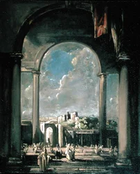 Figurer under en bue (olje på lerret)