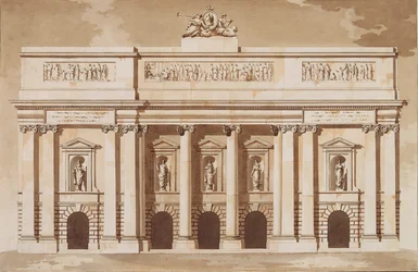 Høyde for vestfronten av Parliament House, Dublin, ca. 1787 (penn og pensel med brunt blekk og wc på lagt papir)