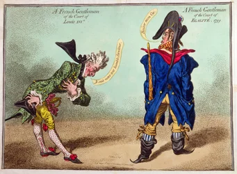 En fransk herre ved hoffet til Louis XVI og en fransk herre ved domstolen i Egalite, utgitt i 1799 (håndfarget etsning)