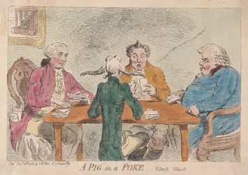A Pig in a Poke, Whist, Whist, pub. 1788 (håndfarget gravering)