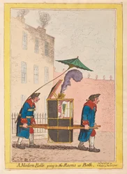 En moderne Belle går til rommene på Bath, pub. 1796 (håndfarget gravering)
