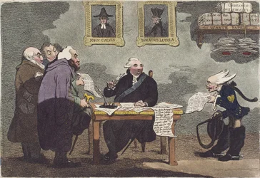 En edel herre, på vei mot en kommende fred, for opptatt til å ivareta utgiftene til en million av offentlige penger av James Gillray (beskåret)