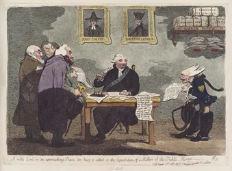 En edel herre, på vei mot en kommende fred, for opptatt til å ivareta utgiftene til en million av offentlige penger av James Gillray