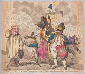 Alecto og hennes Train at the Gate of Pandemonium eller The Recruiting Sergeant som verver John Bull til Revolution Service, pub. (håndfarget gravering)