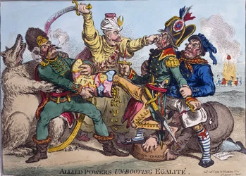 Allied Powers Un-Booting Egalite, utgitt av Hannah Humphrey i 1799 (håndfarget etsning)