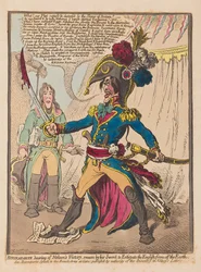 Bonaparte hører om Nelsons Victory sverger ved sitt sverd for å utrydde engelskmennene fra jorden, pub. 1798 (håndfarget gravering)