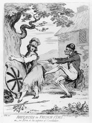 Britannia in French Stays, or Re-Form at the Expense of Constitution, utgitt av Hannah Humphrey i 1793 (radering)