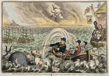 Britiske tjærer som sleper den danske flåten inn i havnen, eller The Broadbottom Leviathan som prøver å oversvømme Billys gamle båt, og den lille korsikaneren som vakler på ambisjonsskyene, 1807 (håndfarget etsning