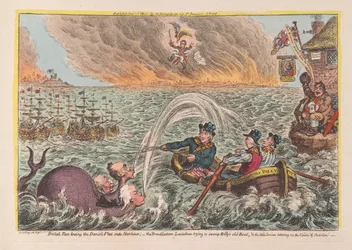 Britiske tjærer som sleper den danske flåten inn i havnen: Leviathan med bred bunn som prøver å oversvømme Billys gamle båt, og den lille korsikaneren som vakler på ambisjonsskyene, pub. 1807 (håndfarget engra