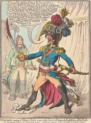Buonaparte, som hører om Nelsons seier, sverger ved sitt sverd å utrydde engelskmennene fra jordens overflate (fra: Karikatur, bd. 1)