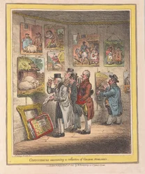 Kjennere undersøker en samling av George Morlands, pub. 1807 (håndfarget gravering)
