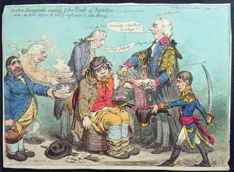 Dr. Sangrado kurerer John Bull of Repletion, utgitt av Hannah Humphrey i 1803 (håndkolorert etsning)