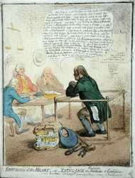 Effusions of the Heart, or Lying Jack the Blacksmith at Confession, utgitt av Hannah Humphrey i 1795 for Philanthropic Society (håndfarget etsning)