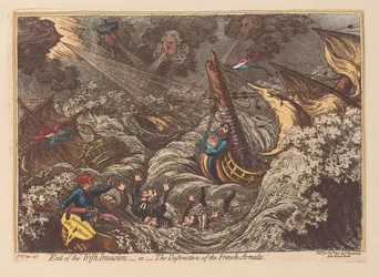 End of the Irish Invasion eller The Destruction of the French Armada, pub. 1797 (håndfarget gravering)