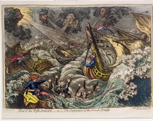 End of the Irish Invasion, eller The Destruction of the French Armada, utgitt av Hannah Humphrey i 1797 (håndfarget etsing og aquatint)