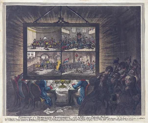 Utstilling av en demokratisk åpenhet, med dens effekt på patriotiske følelser, pub. 1799 (håndfarget gravering)