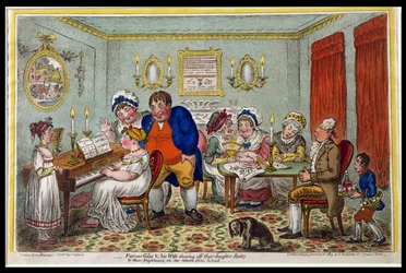 Bonde Giles og hans kone viser frem datteren Betty til naboene når hun kommer tilbake fra skolen, utgitt av Hannah Humphrey i 1809 (håndfarget etsning)