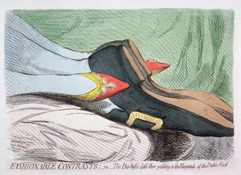 Fasjonable kontraster, eller hertuginnens lille sko som gir etter for størrelsen på hertugens fot, utgitt av Hannah Humphrey i 1792 (radering med wc)