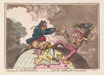 Kjemper for Dunghill eller Jack Tar bosetting Buonaparte, pub. 1798 (håndfarget gravering)