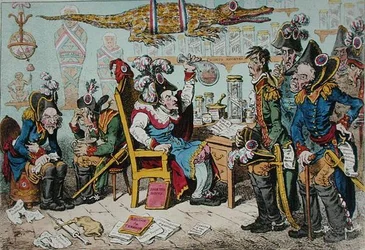 Franske generaler som trekker seg på grunn av helsen deres med Lepaux som leder i Directorial Dispensary, utgitt av Hannah Humphrey i 1799 (håndfarget etsning)