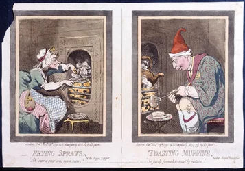 Frying Brisling, eller Royal Supper, and Toasting Muffins, eller Royal Breakfast, utgitt av Hannah Humphrey i 1791 (håndfarget etsning)