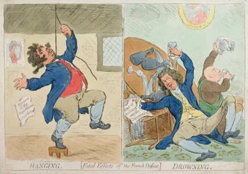 Hanging and Drowning, eller fatale effekter av det franske nederlaget, utgitt av Hannah Humphrey i 1795 (håndfarget etsning)
