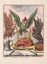 Harpyes besudler festen, pub. 1799 (håndfarget gravering)