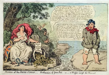 Horrors of the Irish Union: Botheration of Poor Pat, or A Whisper across the Channel, utgitt av Hannah Humphrey i 1798 (håndfarget etsning)