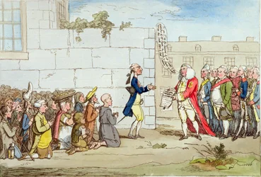 Irish Gratitude , utgitt av Hannah Humphrey i 1782 (håndfarget etsning)