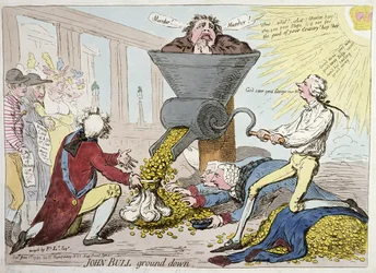 John Bull Ground Down, utgitt av Hannah Humphrey i 1795 (håndfarget etsning)