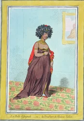 La Belle Espagnole, eller La Doublure de Madame Tallien (1773-1835) utgitt av Hannah Humphrey i 1796 (håndfarget etsning)