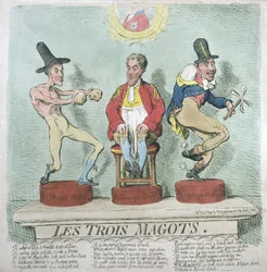 Les Trois Magots, utgitt av Hannah Humphrey i 1791 (håndfarget etsning)