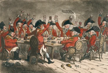 Loyal Souls, or A Peep into the Mess Room at St. James, utgitt av Hannah Humphrey i 1797 (håndfarget etsning)