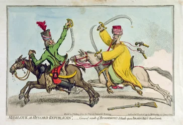 Mamlouk et Hussard Republicain, eller generelt resultat av Bonapartes angrep på Ibrahim Beys (1735-1817) bakvakt, utgitt av Hannah Humphrey i 1799 (håndfarget etsning)