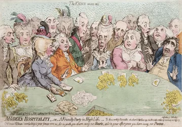 Modern Hospitality, or A Friendly Party in High Life, utgitt av Hannah Humphrey i 1792 (håndfarget etsning)