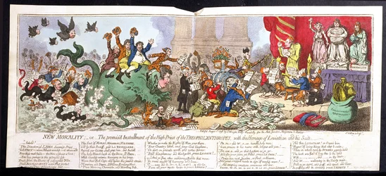 Ny moral, eller den lovede avleveringen av teofilantropenes yppersteprest, utgitt av J. Wright i 1798 (håndkolorert etsning)