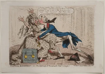 Political Ravishment, eller The Old Lady of Threadneedle Street i fare!, utgitt av Hannah Humphrey, 1797 (håndfarget etsning)